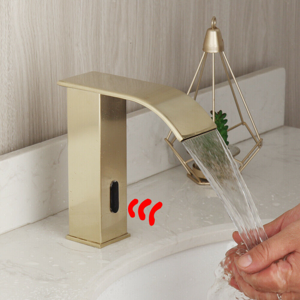 Bent brushed gold sensor tap cold water version