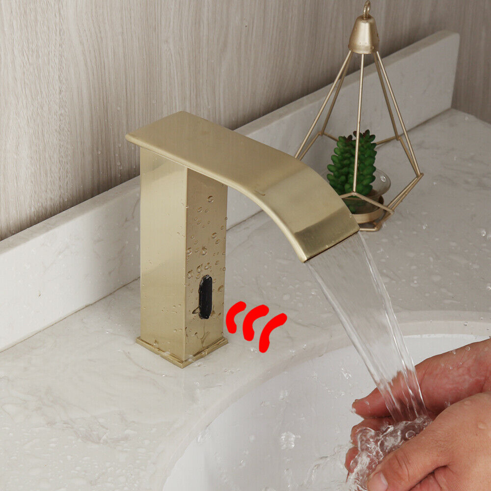 Bent brushed gold sensor tap cold water version